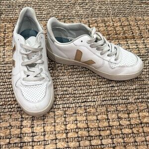 Veja Women’s White Leather Sneakers with gold 'V' Accent